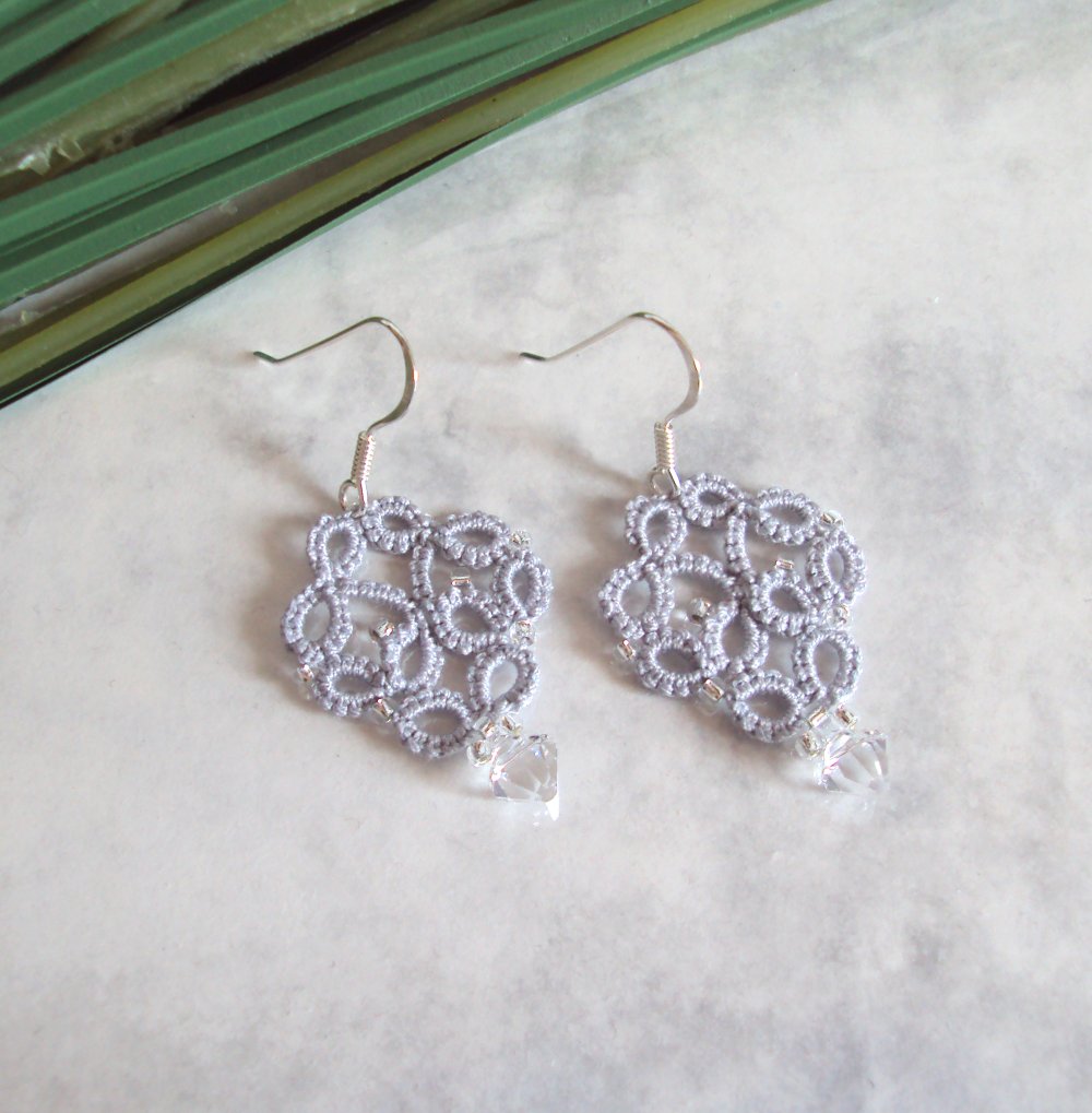 Silver Lace Earrings in Tatting