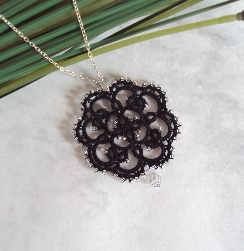 Beaded Black Lace Pendant in Tatting