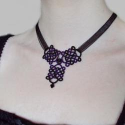 Gothic Black Purple Necklace in Tatting